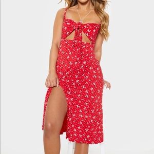 Red Ditsy Floral Tie Front Strappy Swing Dress